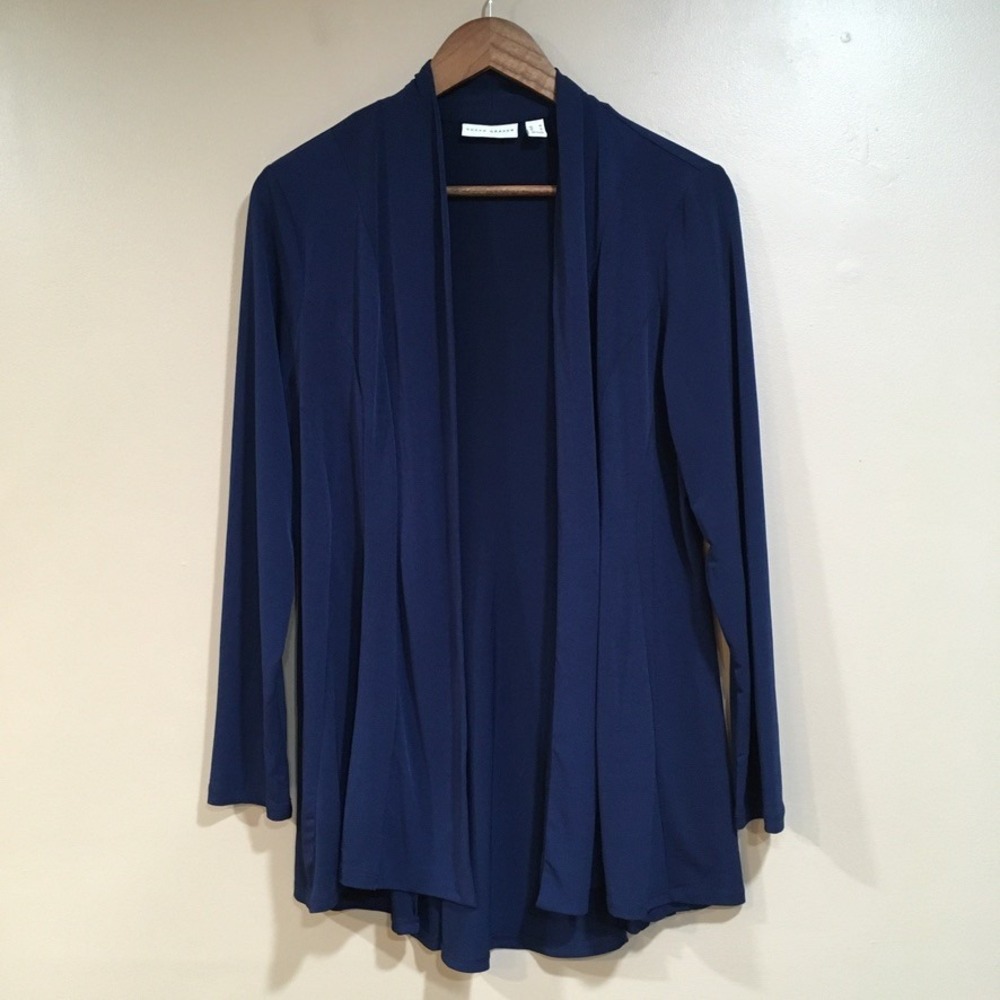 Susan Graver Open Front Cardigan Womens M Navy Blue Liquid Knit Minimalist Work